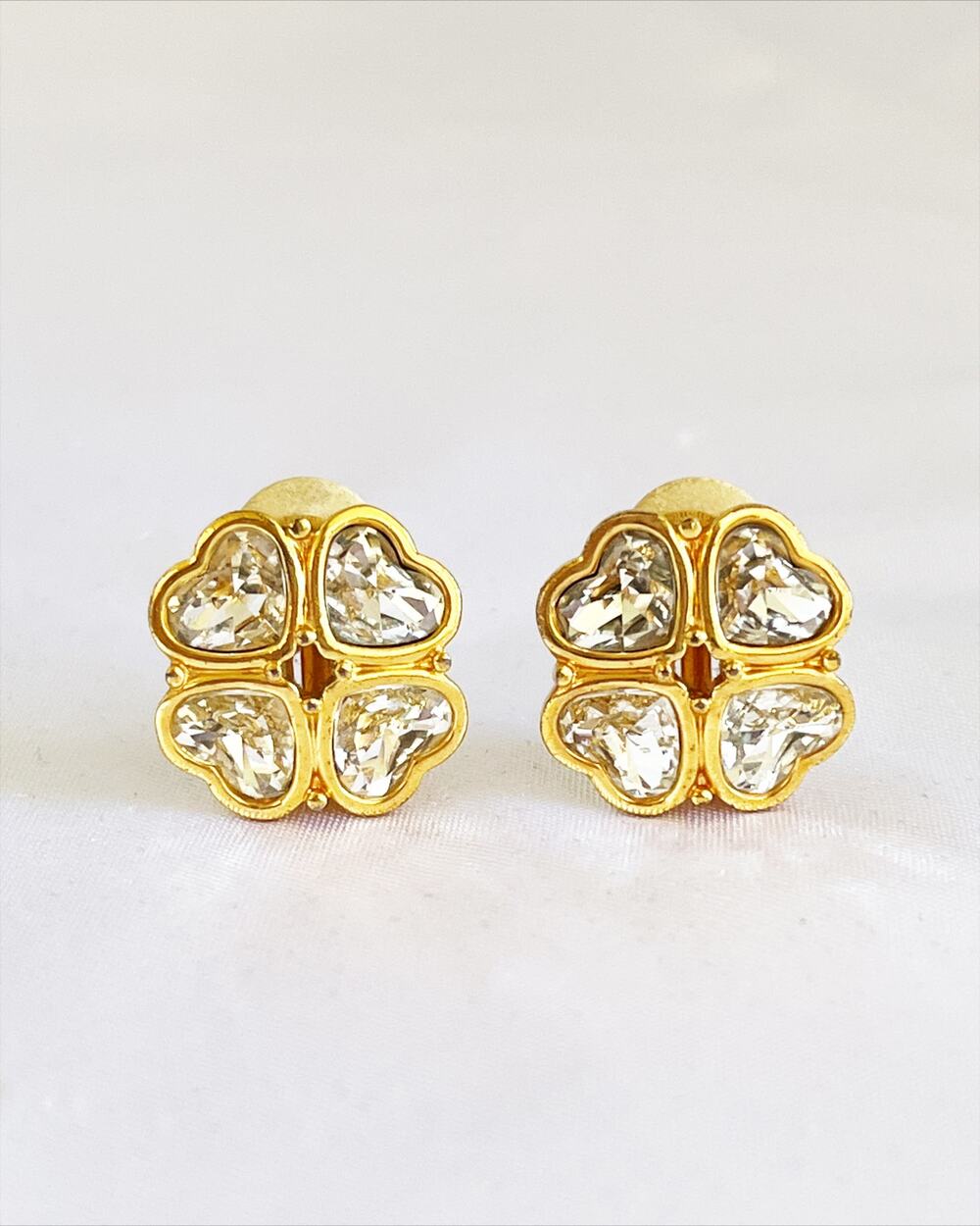 SWAROVSKI CZ Earrings Heart Shaped Gold Toned 4 Leaf Clover Design Clip On